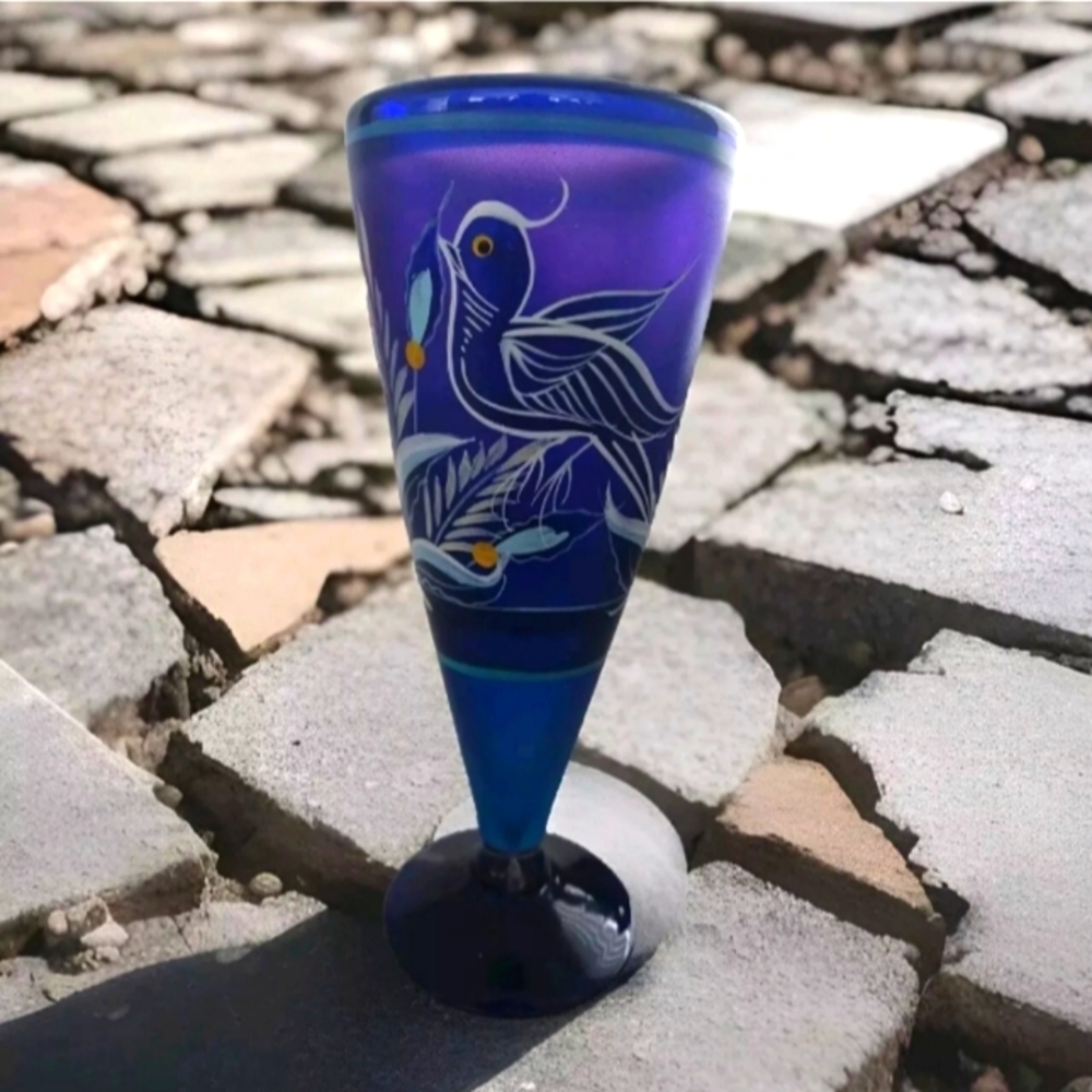 Mexican Bird Blue Hand Painted Cocktail Glass Cobalt Blue Bottom & Rim